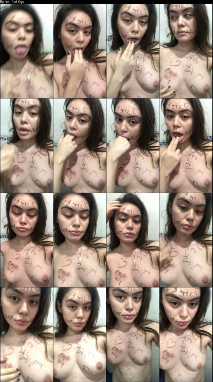 Multiple selfies of a topless woman with markings on skin.