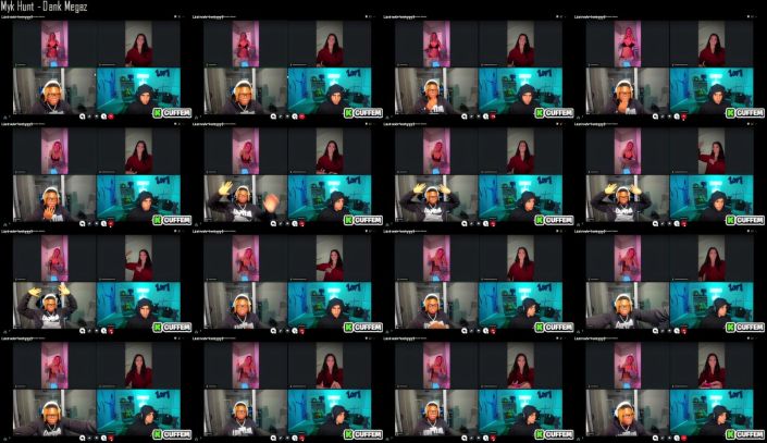 Grid of video call participants in various poses.